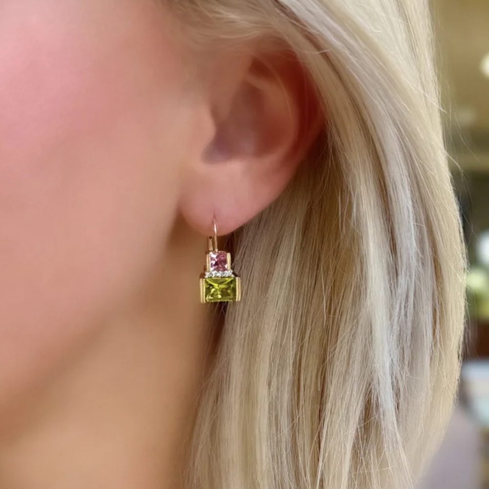 14k Peridot Pink Tourmaline and Diamond Earrings